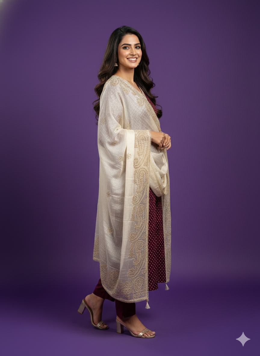 Purple Round V-Neck Kali Kurta Set with Dupatta