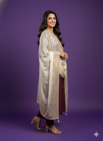 Purple Round V-Neck Kali Kurta Set with Dupatta