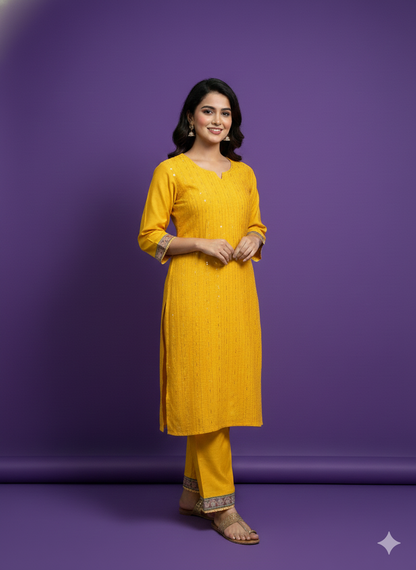 Yellow Round V-Neck Silk 2PCS Set