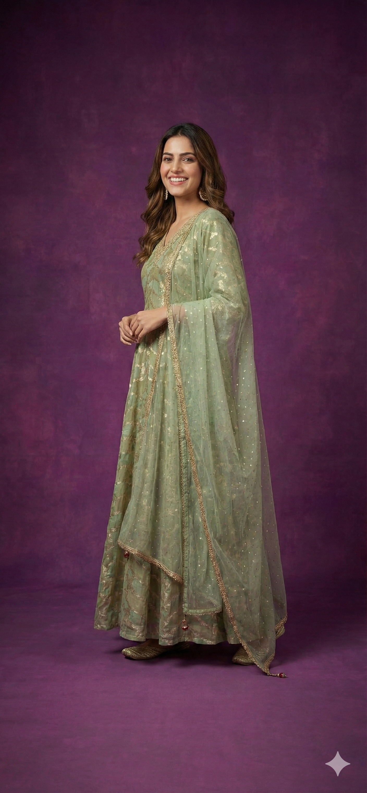 Green V-Neck Viscose Kurta Set with Dupatta