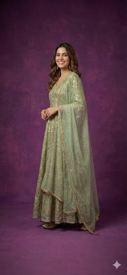 Green V-Neck Viscose Kurta Set with Dupatta