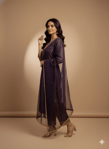 Purple V Neck Silk Kurta Set with Dupatta