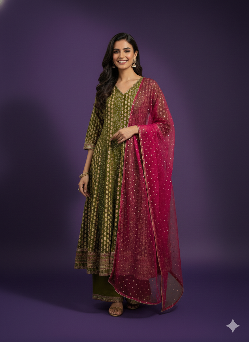 Green V-Neck Silk Kurta Set with Dupatta