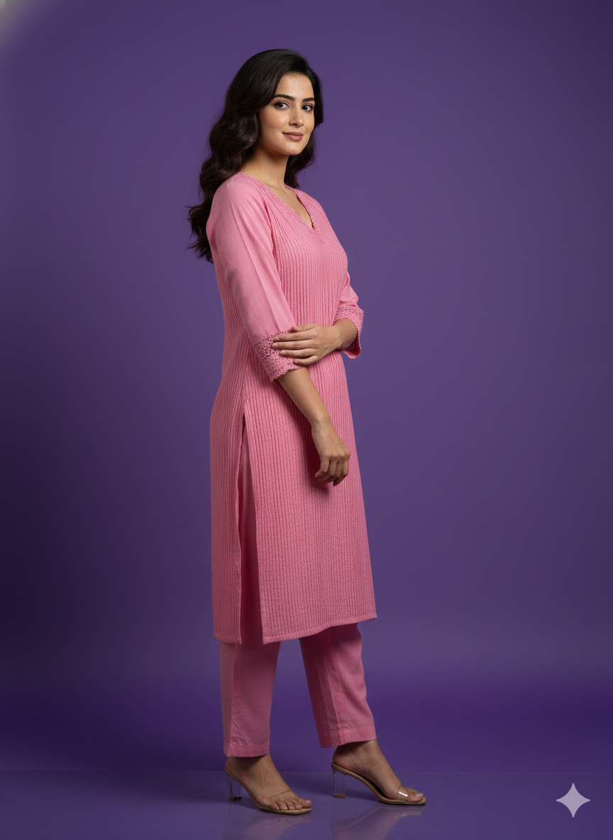 Pink V-Neck Cotton Cord Set