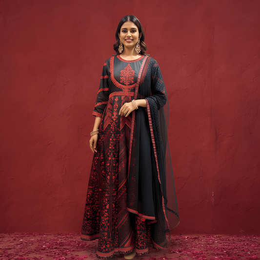 Embroidered Anarkali Suit Set with Embroidered Dupatta