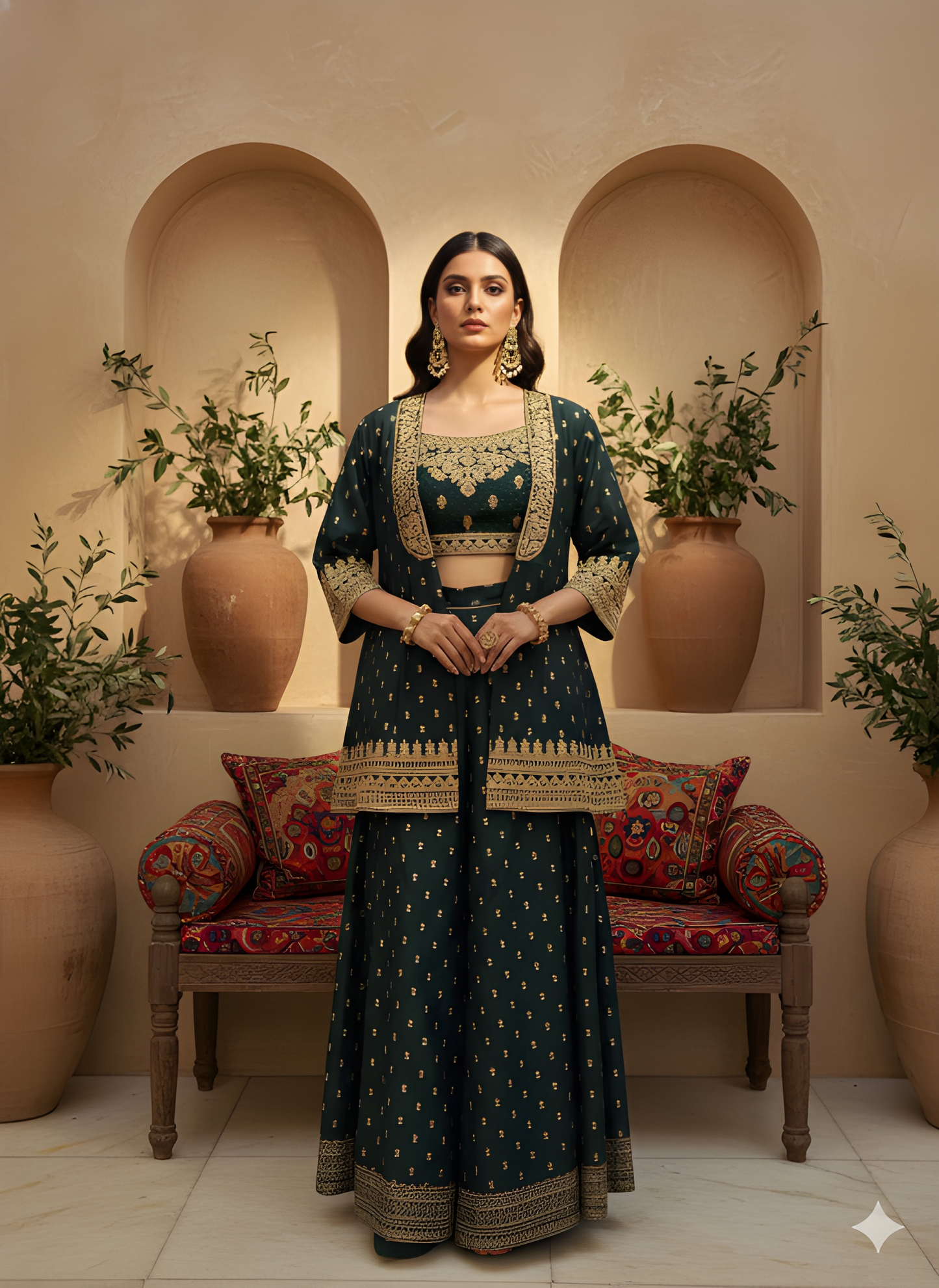 Green Round Neck Silk 3PCS Set