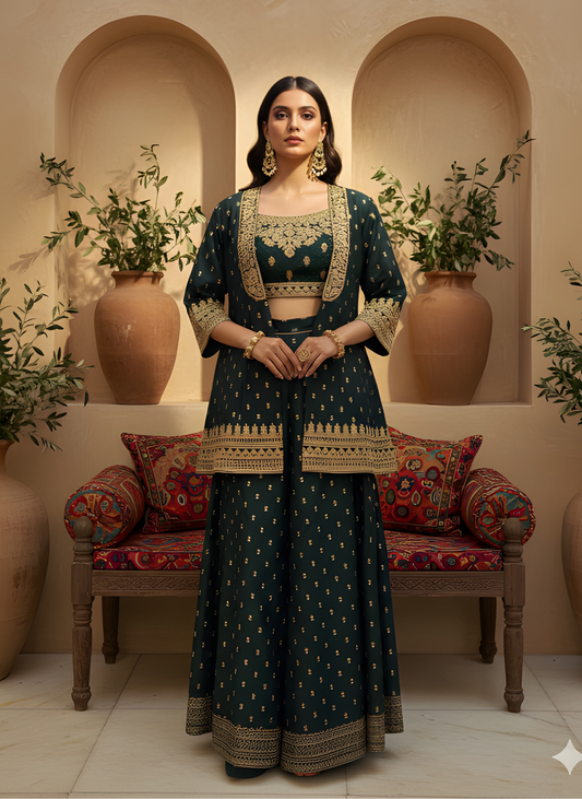 Embroidered Crop Top, Embroidered Open Peplum Jacket With Skirt Set