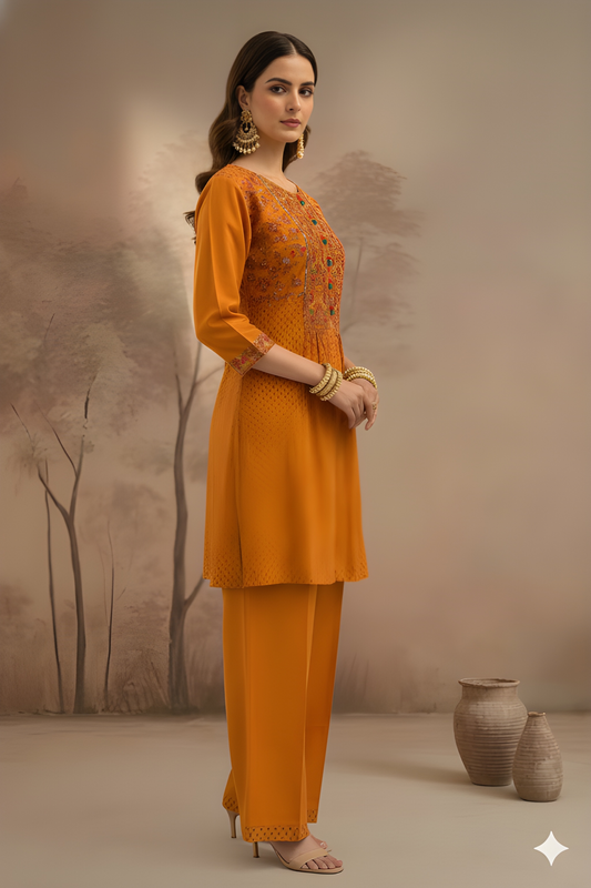 Orange Round Neck Rayon Short Kurta