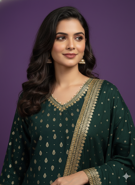 Green V-Neck Silk Kurta