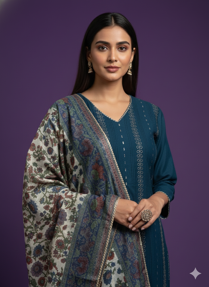 Blue Round V-Neck Silk Kurta Set with Dupatta