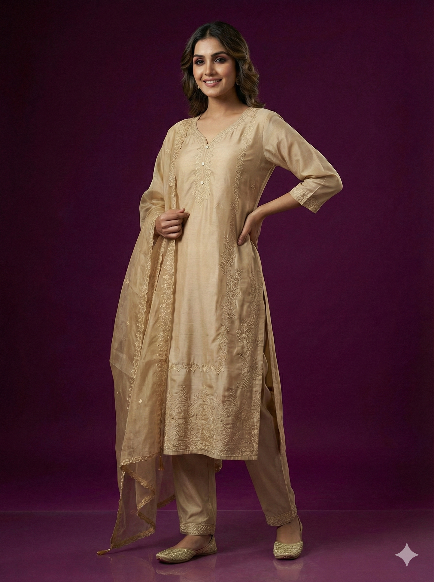 Beige Deep-V Rayon Kurta Set with Dupatta