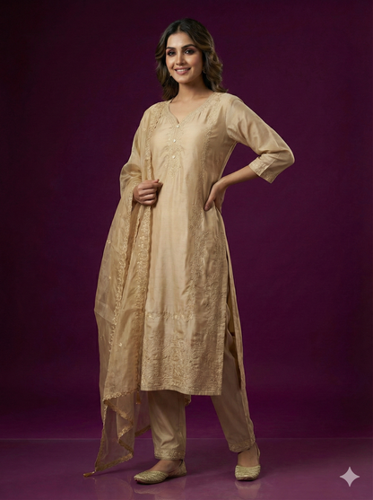 Beige Deep-V Rayon Kurta Set with Dupatta