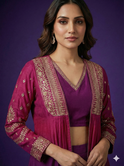 Crop Top - Palazzo with Embroidered Ombre Open Jacket Set