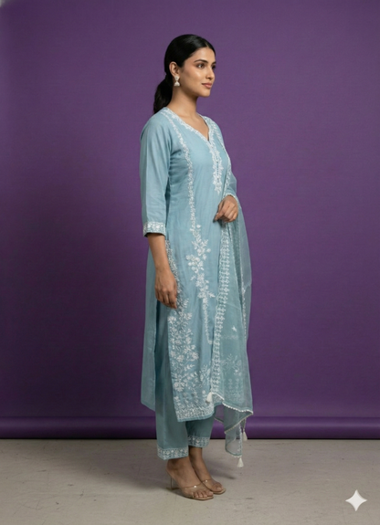 Blue Deep V-Neck Rayon Kurta Set with Dupatta