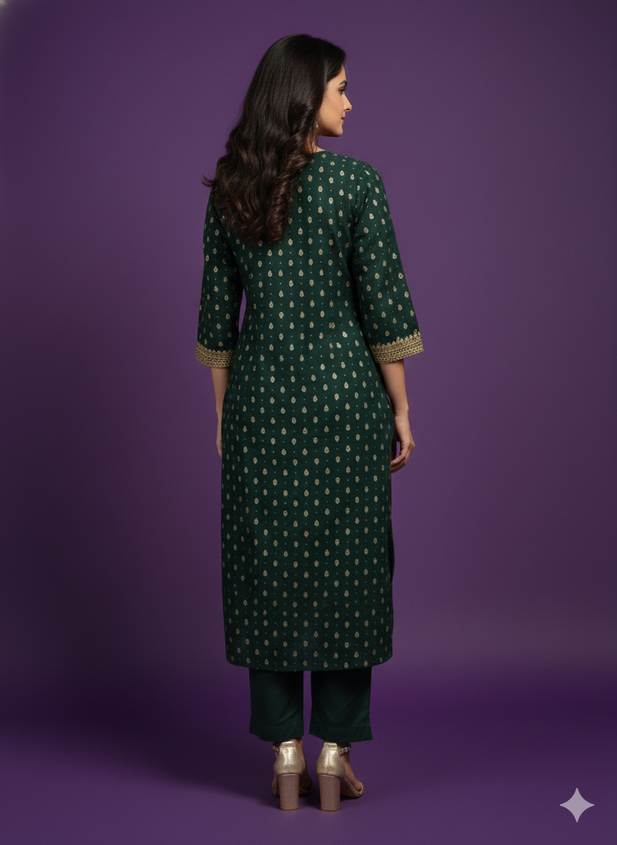 Green V-Neck Silk Kurta