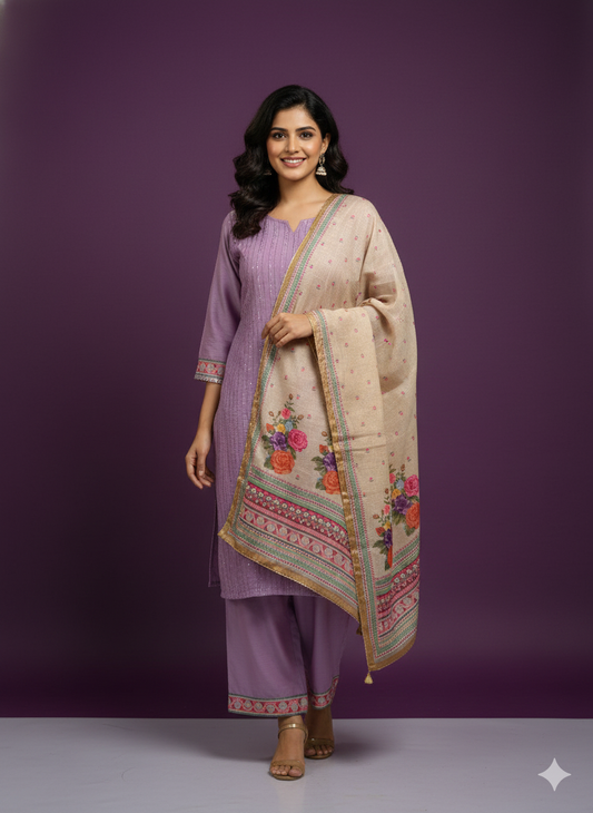 Pink Round V Neck Silk Kurta Set with Dupatta
