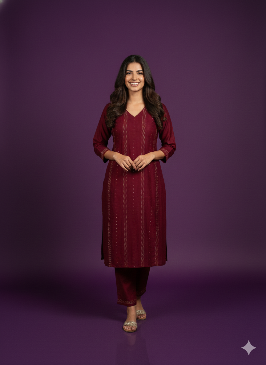 Burgundy Round V-Neck Silk 2PCS Set