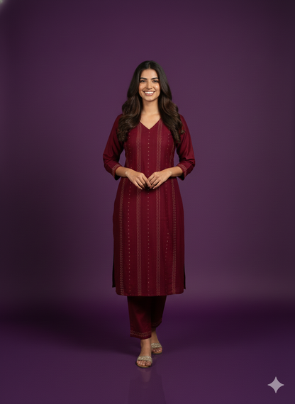 Burgundy Round V-Neck Silk 2PCS Set