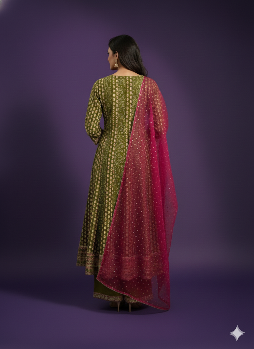 Green V-Neck Silk Kurta Set with Dupatta