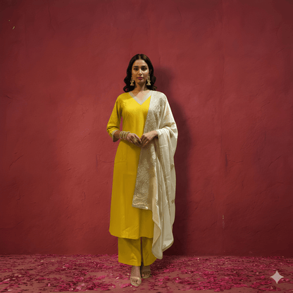 Yellow Round V Neck Viscose Kurta Set with Dupatta