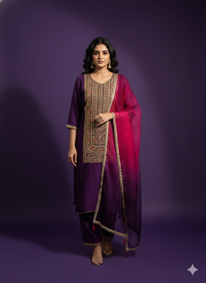 Purple V Neck Viscose Kurta set with Dupatta