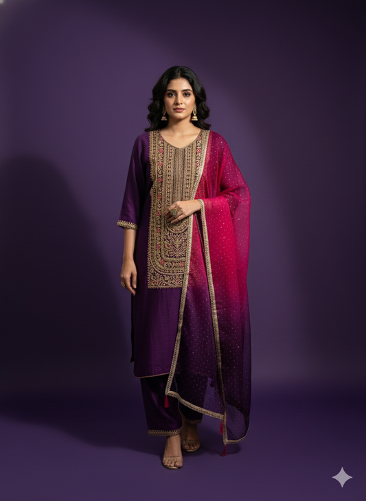 Purple V Neck Viscose Kurta set with Dupatta
