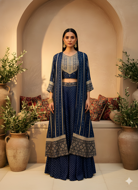 Blue Round Neck Silk 3PCS Set