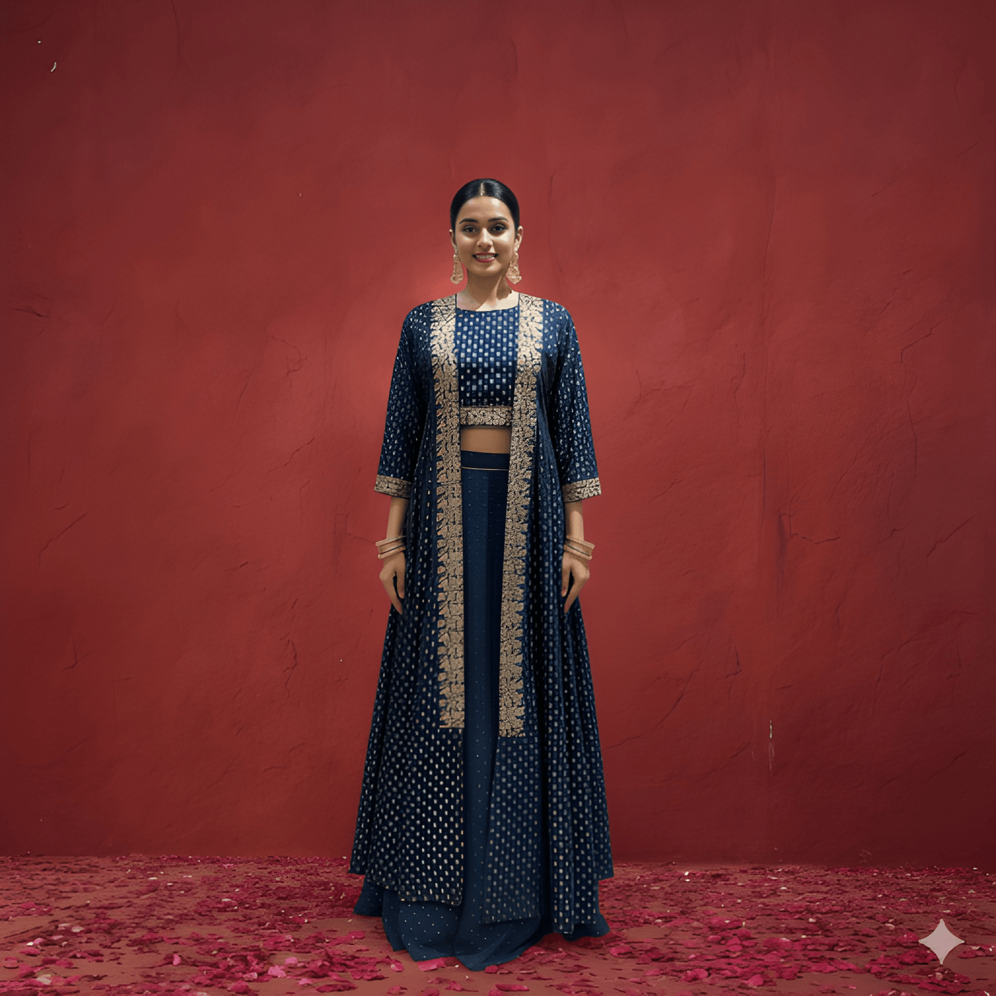 Span Blue Round Neck Silk 3 PCS Set