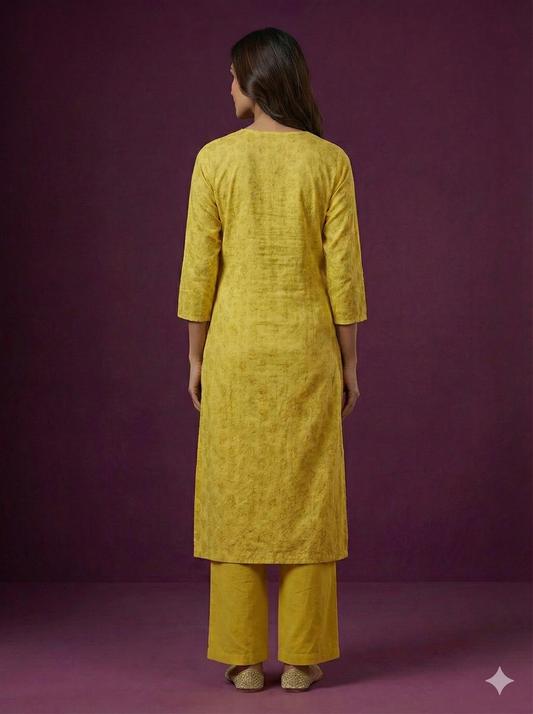 Span Yellow V Neck Cotton Casual Kurta