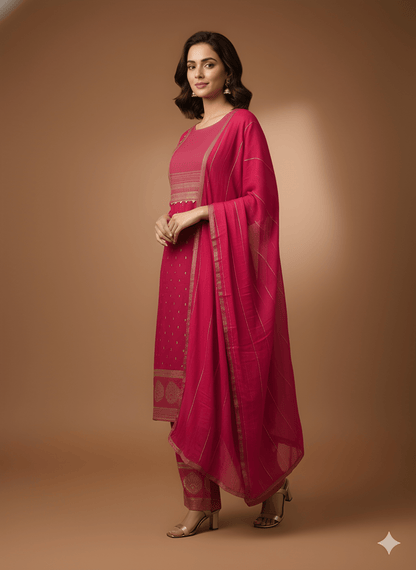 Pink Round Neck Rayon Cord Set