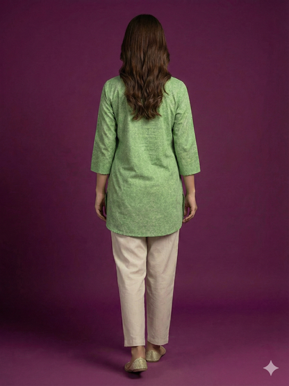 Span Green Mandarin Cotton Short Kurta