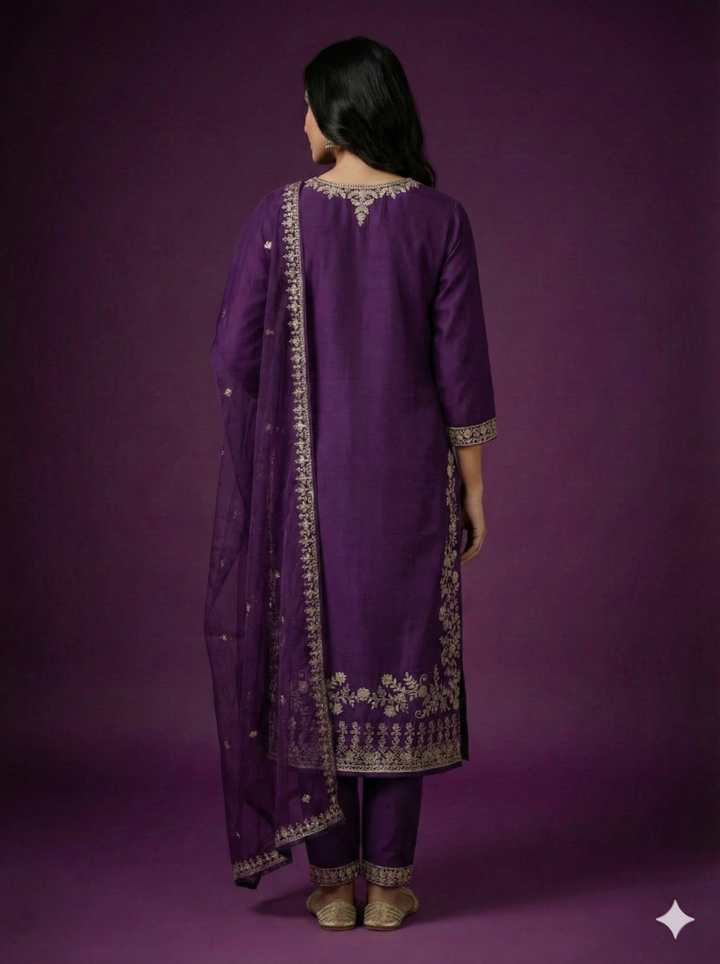 Purple Deep V-Neck Rayon Kurta Set with Dupatta