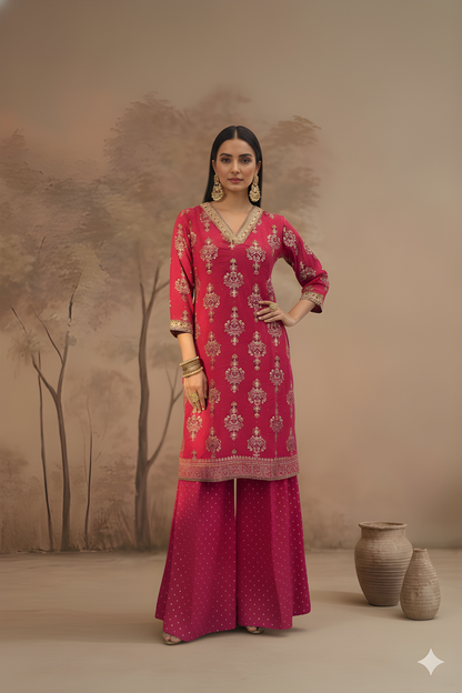 Pink V-Neck Rayon Cord Set