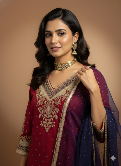 Mullberry V Neck Silk Kurta Set with Dupatta