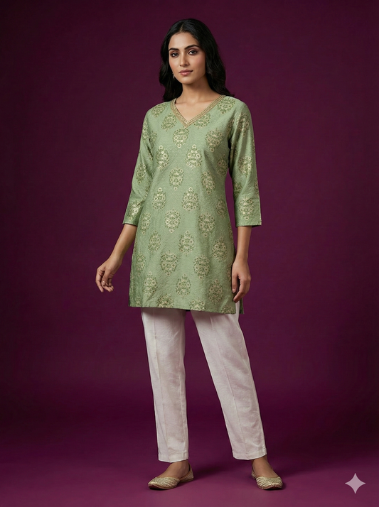 Span Green V-Neck Viscose Short Kurta