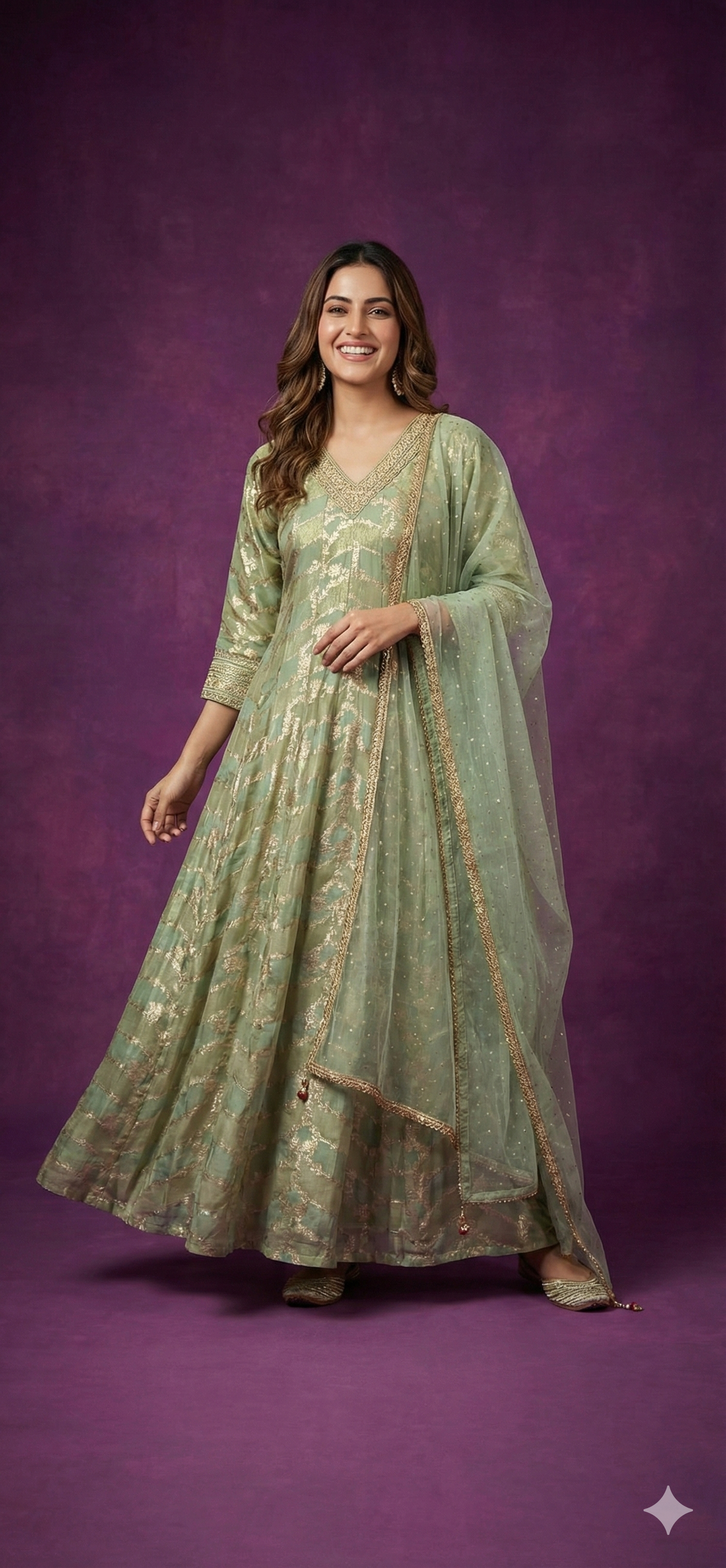 Green V-Neck Viscose Kurta Set with Dupatta