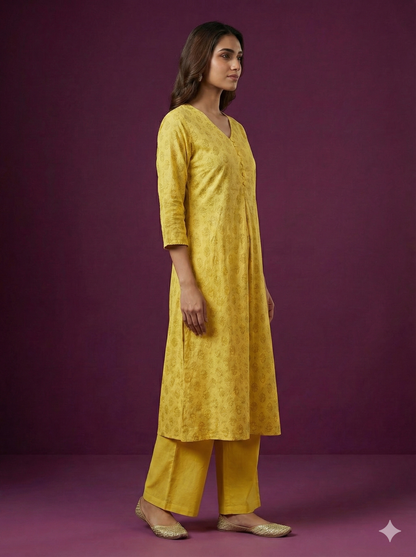 Span Yellow V Neck Cotton Casual Kurta