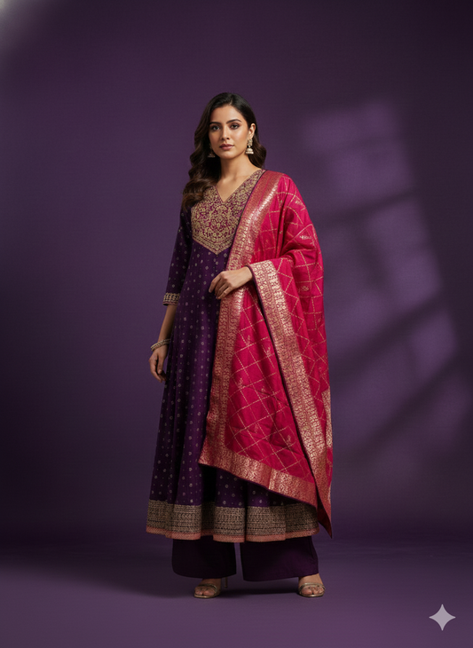 Purple V-Neck Silk Kurta Set with Dupatta