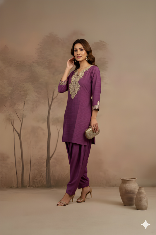 Purple Round V neck Visocse Cord Set