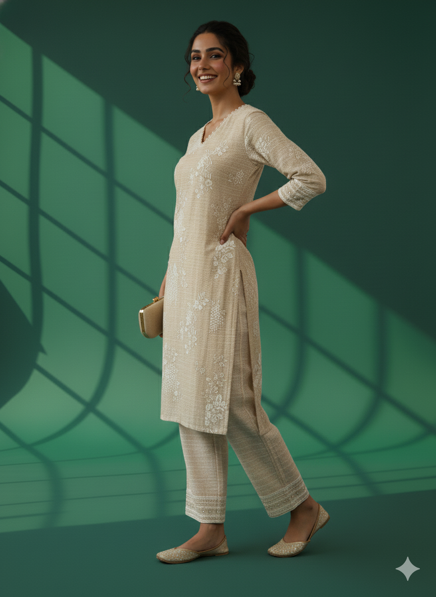 Ivory V-Neck Silk Cord Set