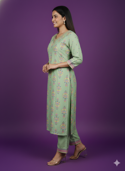 Green V-Neck Silk Cord Set