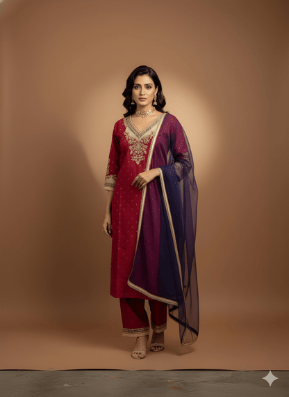 Mullberry V Neck Silk Kurta Set with Dupatta