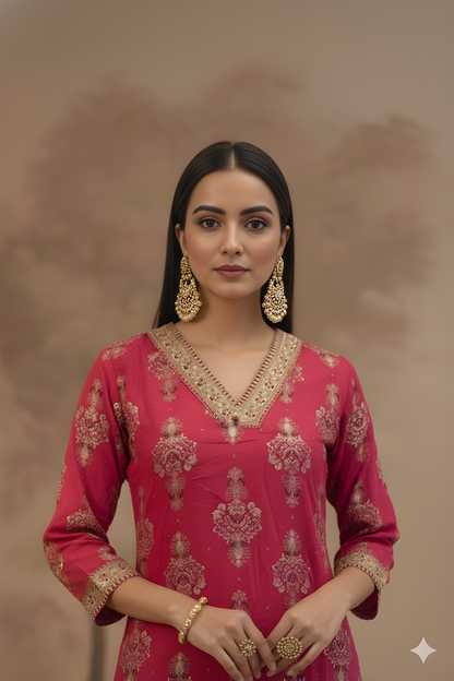 Pink V-Neck Rayon Cord Set