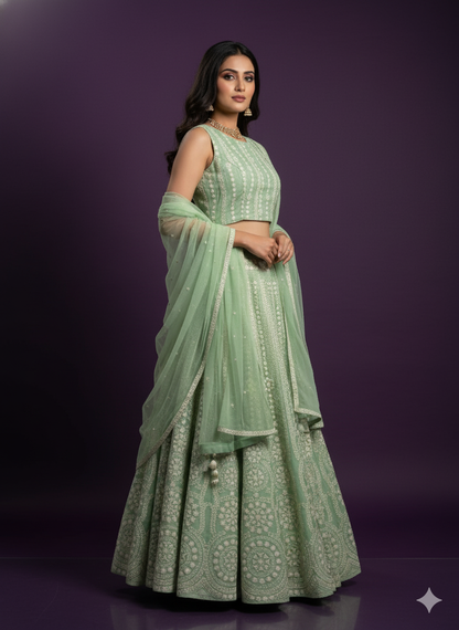 Green Round Neck Silk 3PCS Set