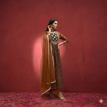 Brown Round Neck Silk Kurta Set with Dupatta