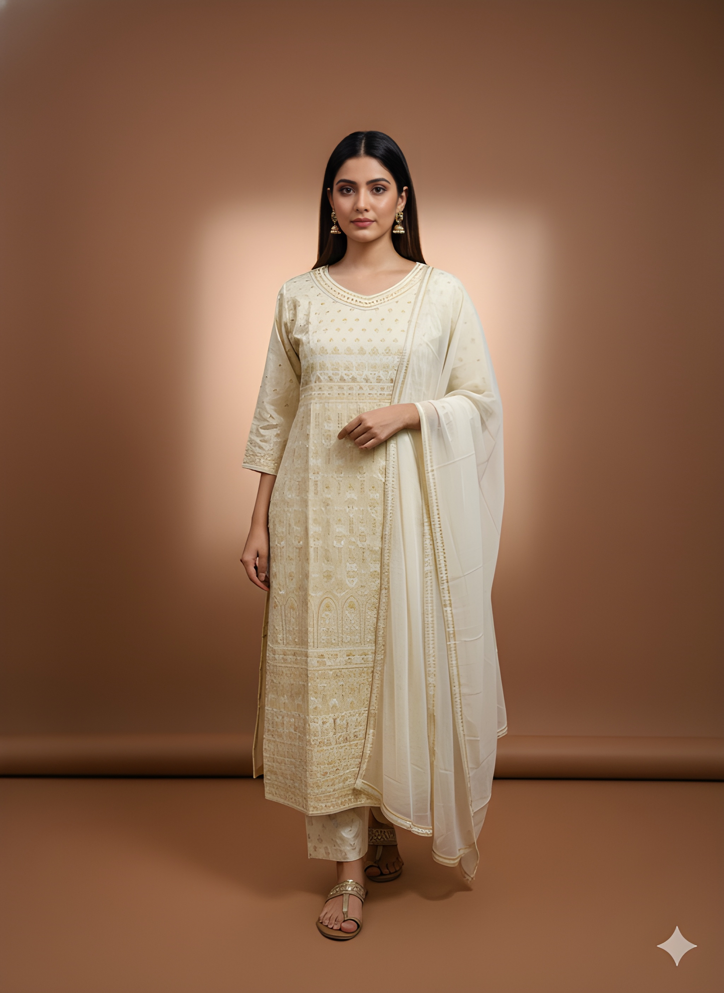 Ivory V Neck Silk Kurta Set with Dupatta