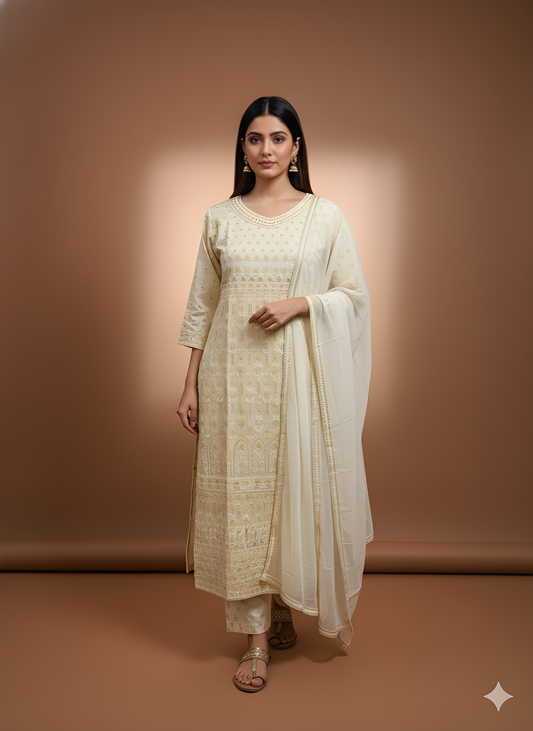 Ivory V Neck Silk Kurta Set with Dupatta