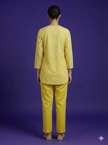 Span Yellow Mandarin Cotton Short Kurta
