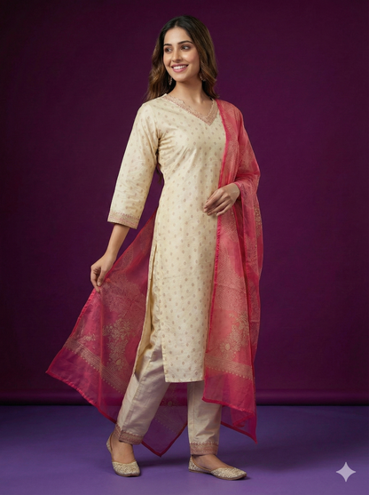 Ivory V-Neck Silk Kurta Set with Dupatta