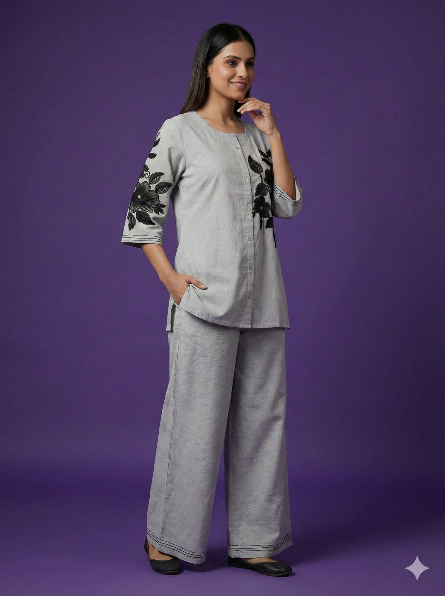 Grey Round Neck Cotton Co-ord Set